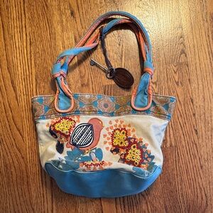 FOSSIL Canvas Embroidered Floral Shoulder Bag with Blue and Orange Accents